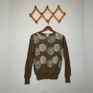 Vintage Women’s Tan Floral Print 100% Cotton Oleg Cassini Sweater SZ M